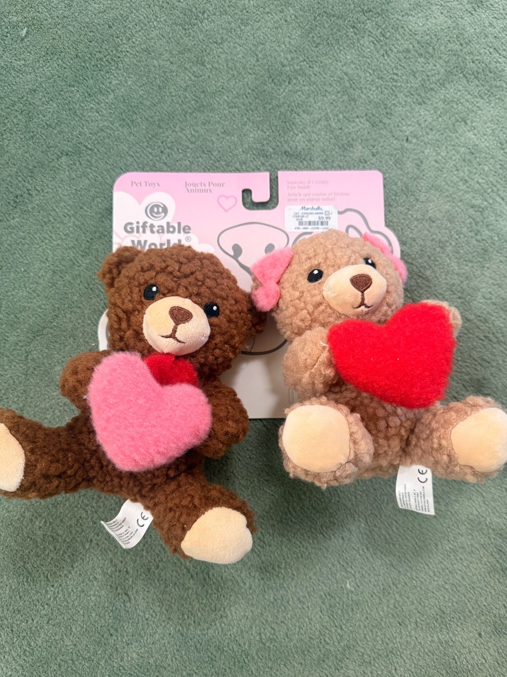 Marshalls Plush Twin Teddy Bears - Brown & Tan with Pink and Red Hearts